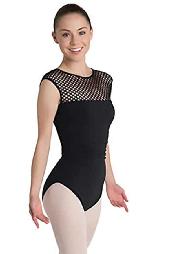 Cap Sleeve Black Leotard with Mesh  -- Adult 5020