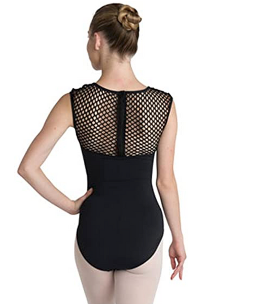 Cap Sleeve Black Leotard with Mesh  -- Adult 5020